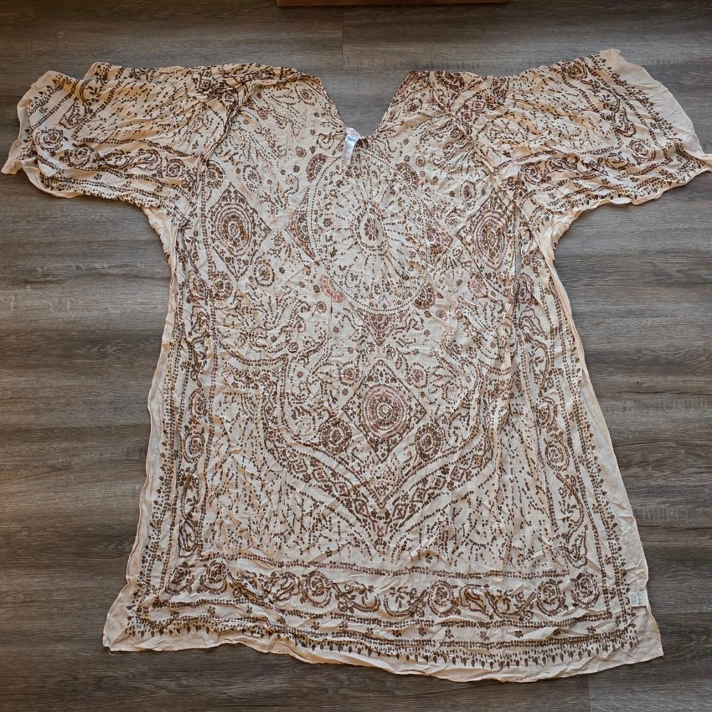 Free People Magic Dance Border Print Kimono Duster Boho Brown Cream OS